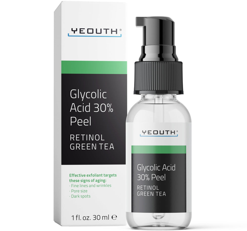 YEOUTH glycolic acid peel bottle close-up highlighting premium packaging for easy storage.