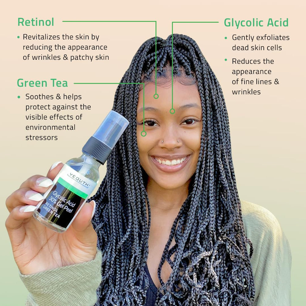 YEOUTH Glycolic Acid Peel label shows Retinol and Green Tea for brighter skin