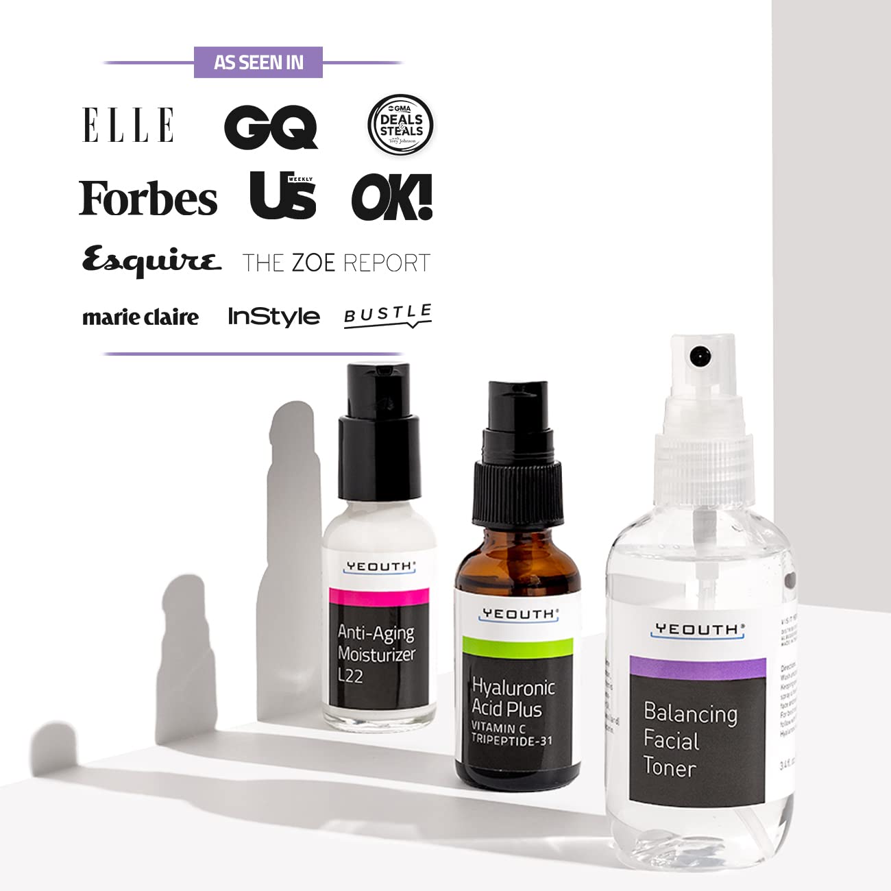 YEOUTH hyaluronic acid serum label close-up with vitamin C notes.