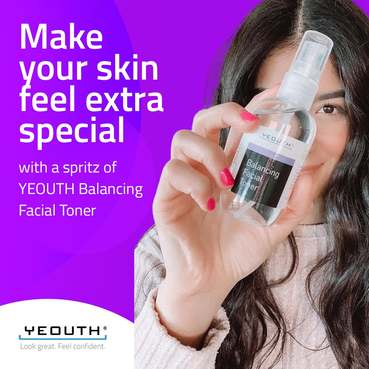 YEOUTH bottle on a bathroom shelf with other skincare products.