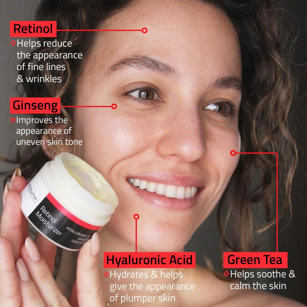 YEOUTH Night Routine glow bottle shows a calm, refreshed complexion.