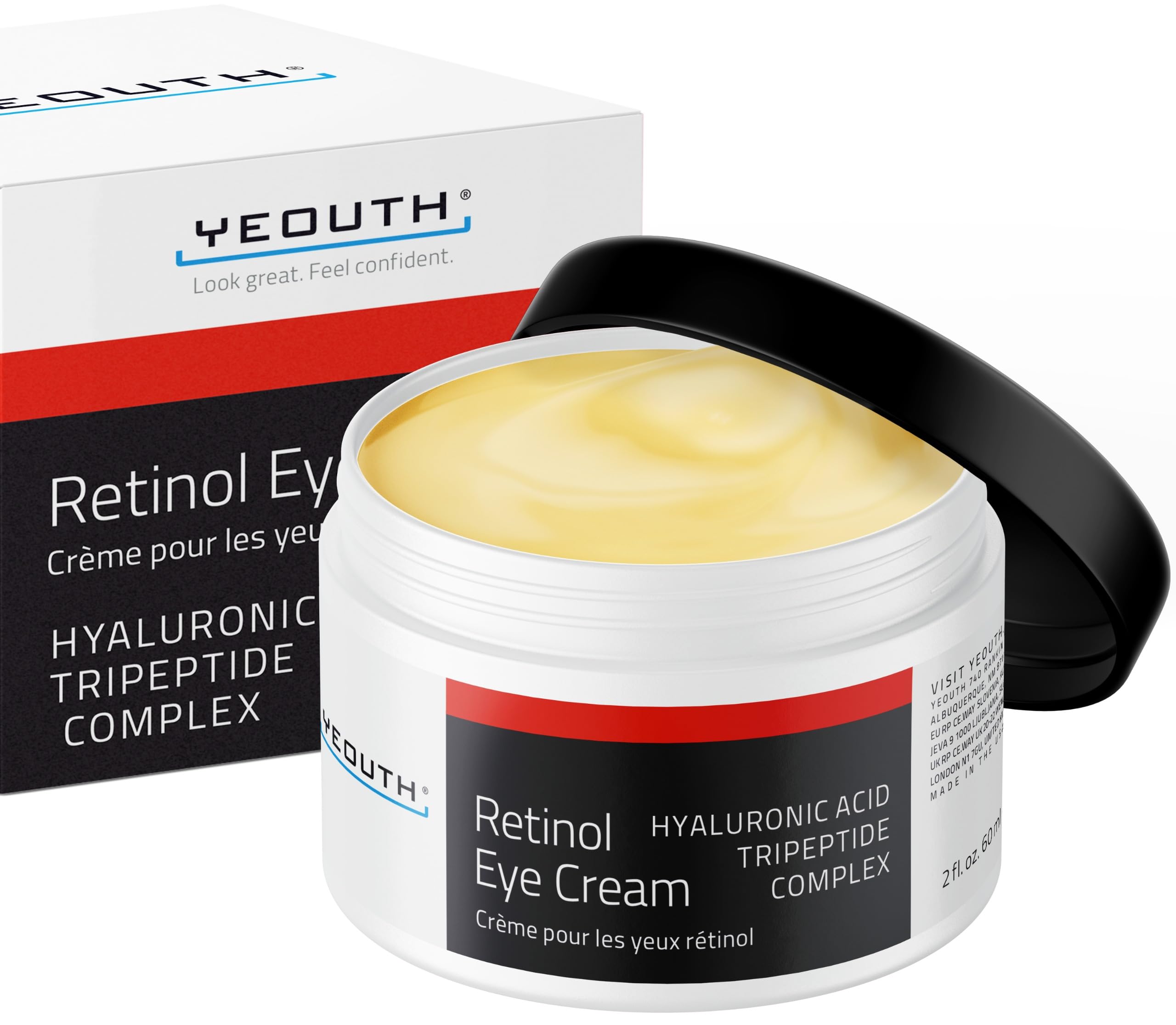 YEOUTH Retinol Eye Cream bottle closeup highlighting hydrating formula for under-eye skin