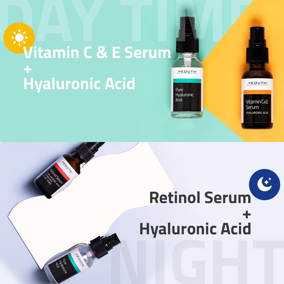YEOUTH skin care set arranged on tray showing three serums