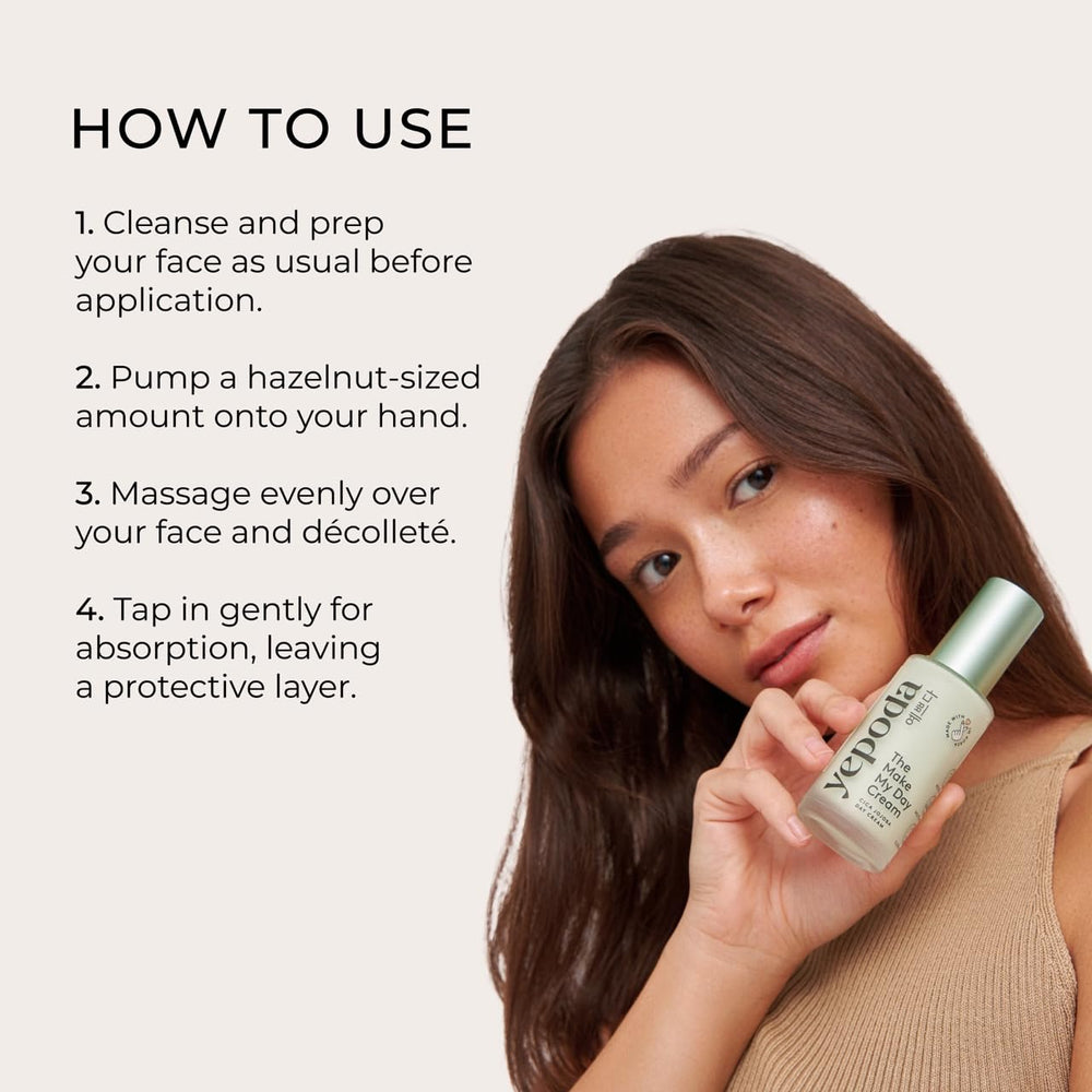 Yepoda Make My Day Cream application scene shows daily skincare routine.