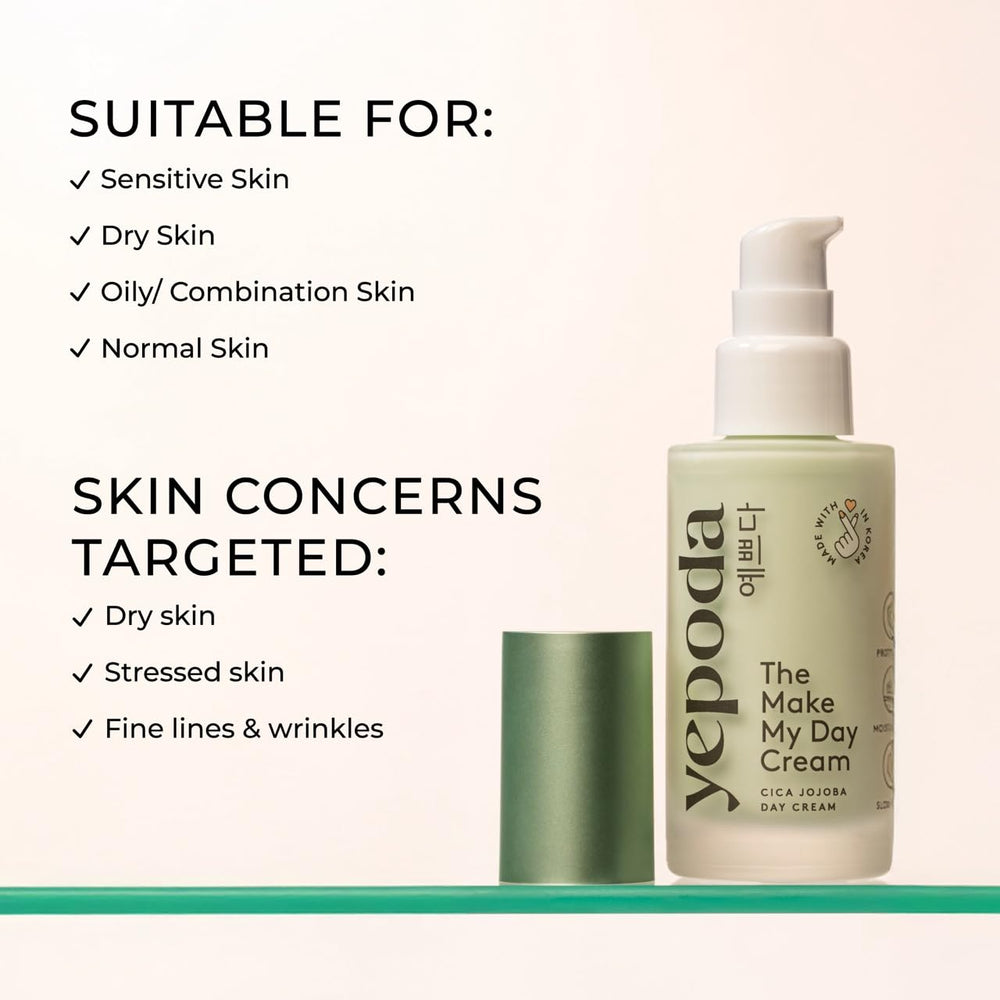 Yepoda Make My Day Cream ceramide close-up emphasizing moisture barrier support.