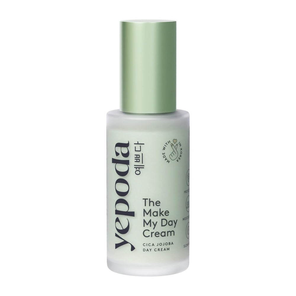 Yepoda Make My Day Cream glass bottle highlights rich hydration for daily skin comfort.