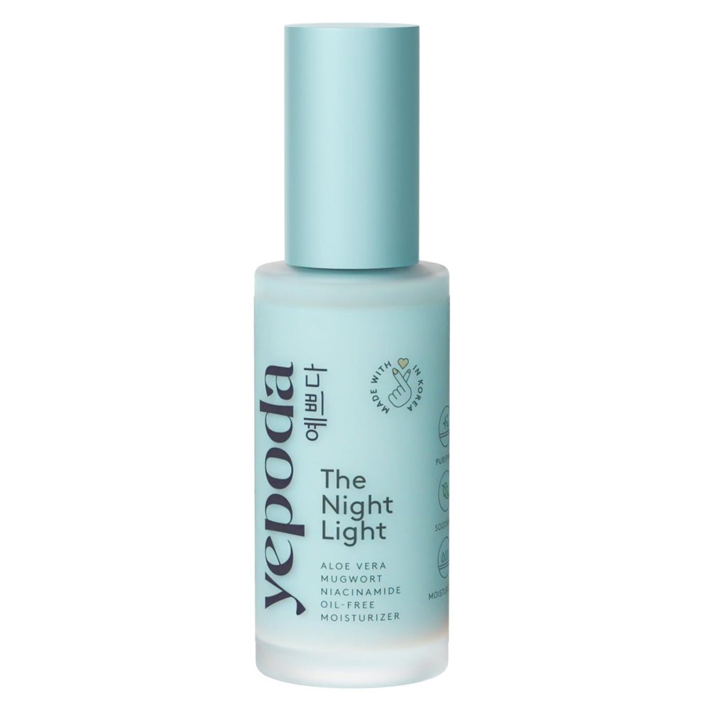 Yepoda The Night Light glass bottle promotes oil-free overnight hydration.