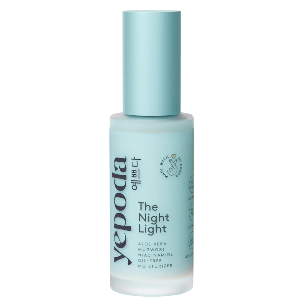 Yepoda The Night Light glass bottle promotes oil-free overnight hydration.