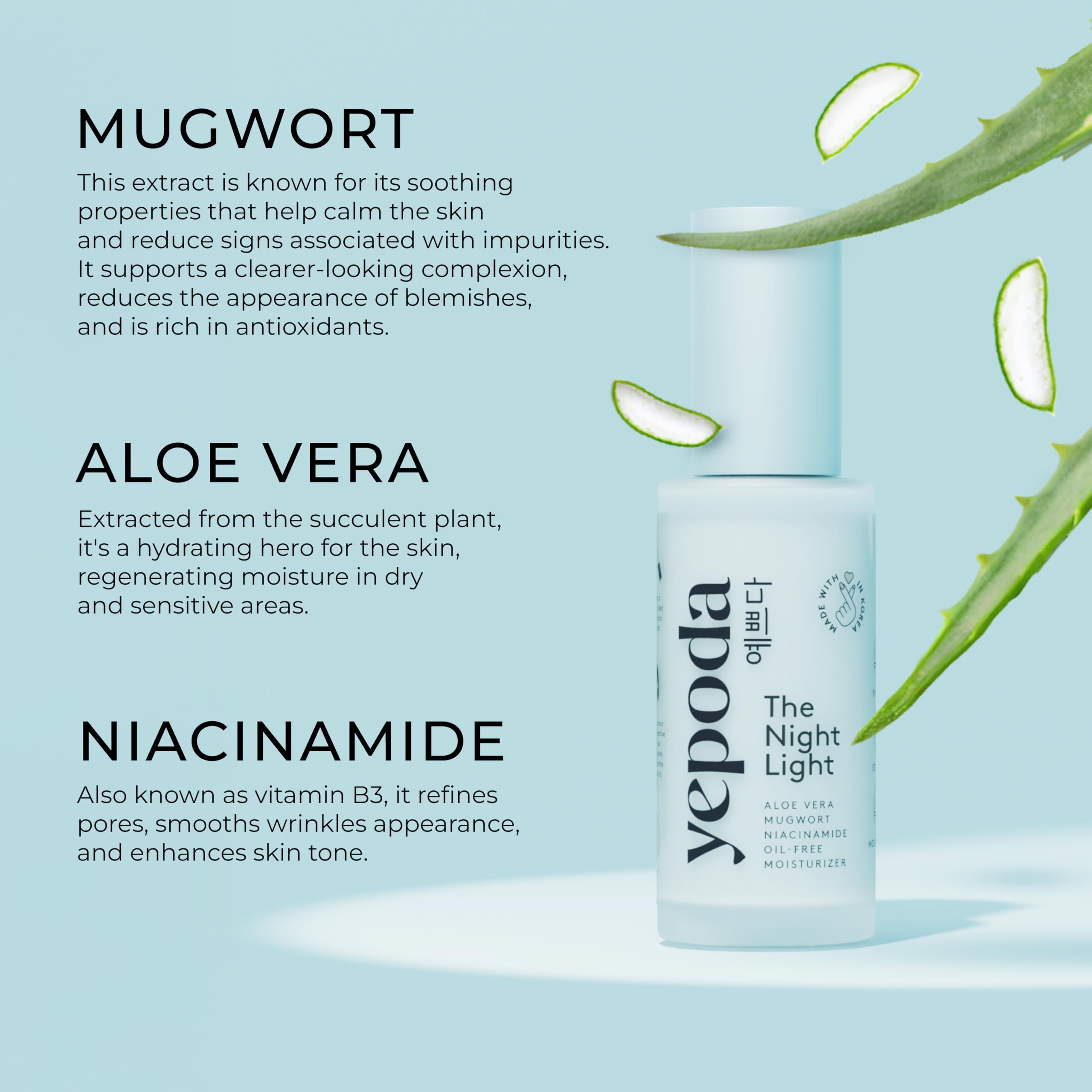 Yepoda Night Light features hyaluronic acid and peptides for lightweight moisture.