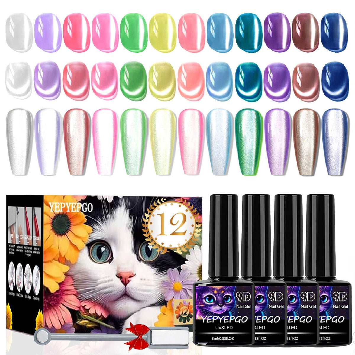 YEPYEPGO cat eye gel polish set with 12 colors for versatile at-home manicures