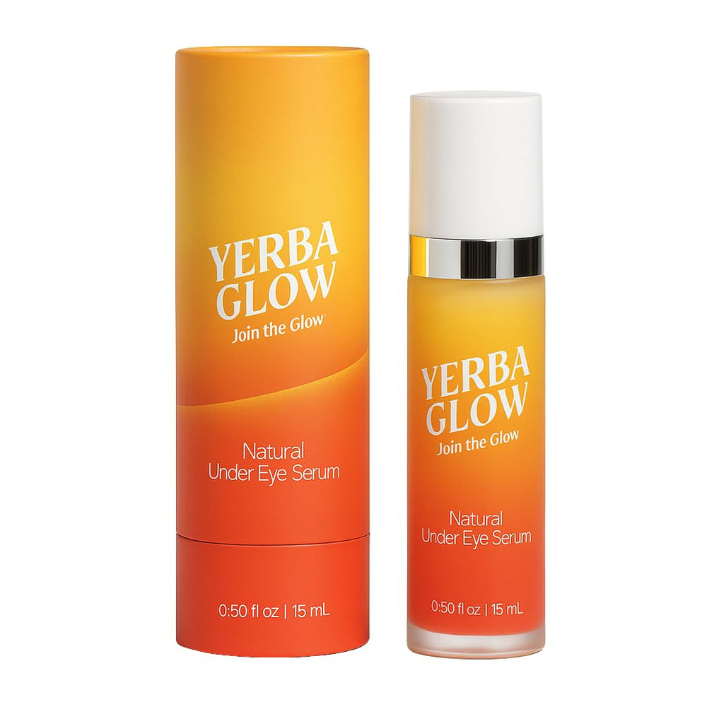 Yerba Glow caffeine eye cream packaging highlights clean vegan formula.