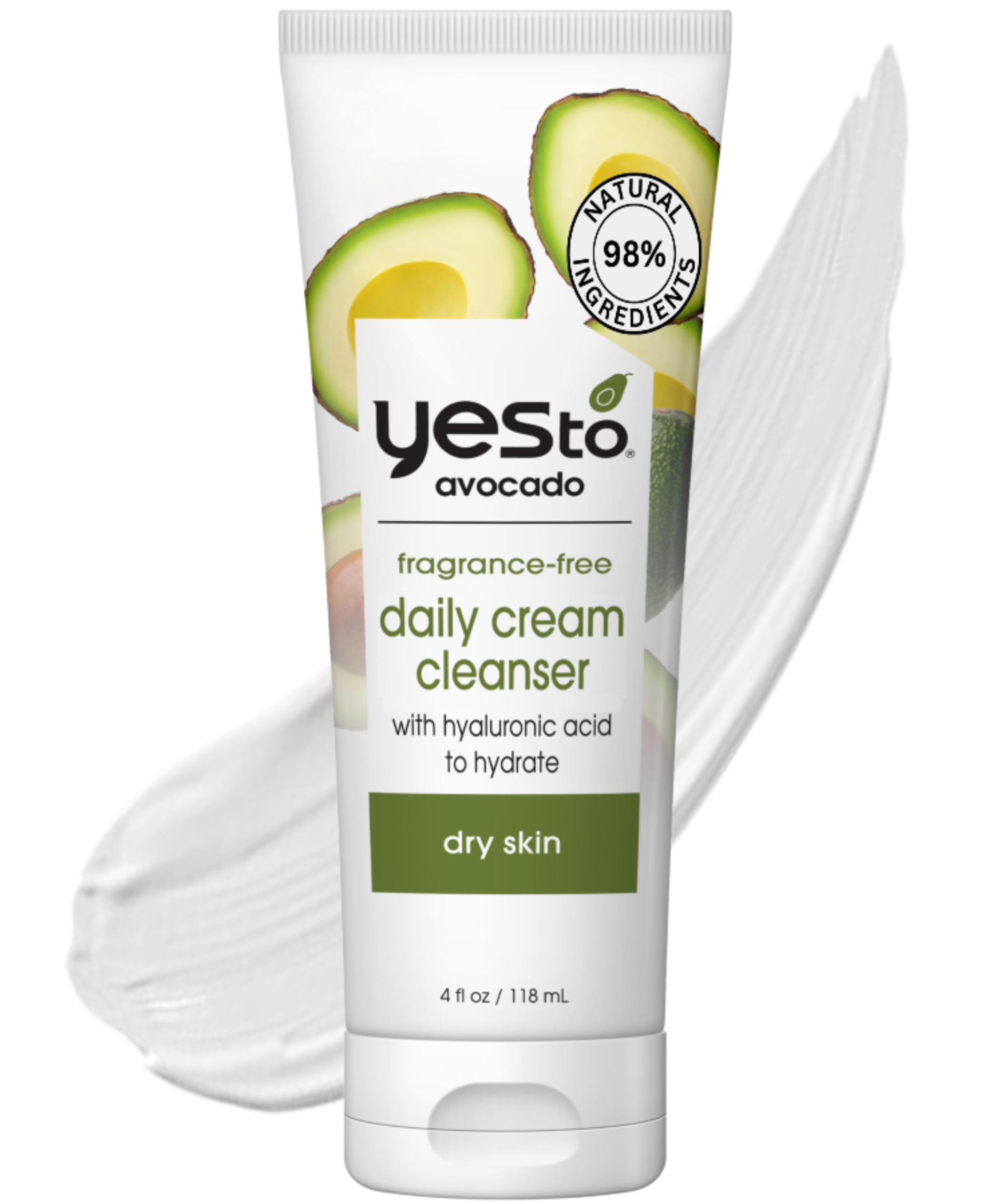 Yes To Avocado fragrance-free daily cream cleanser bottle showing hydrating formula