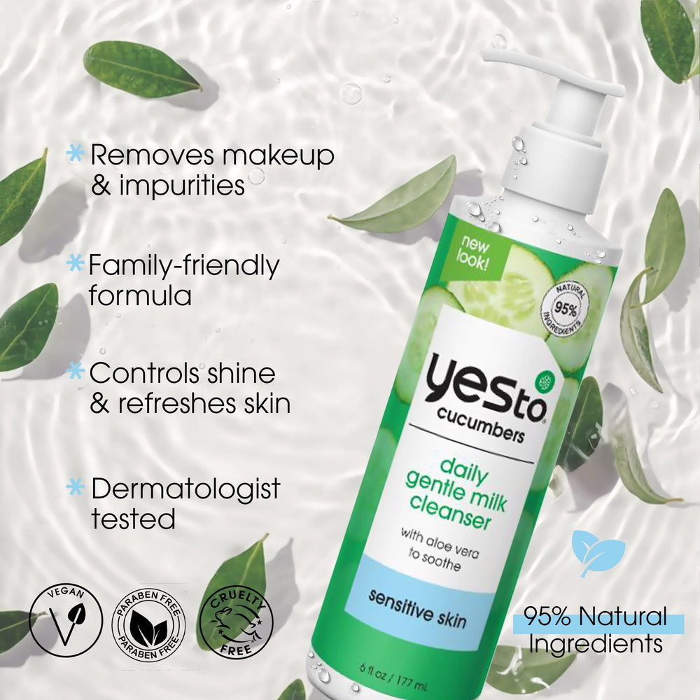 Yes To Cucumbers Daily Gentle Milk Cleanser packaging highlighting vegan and cruelty-free status.
