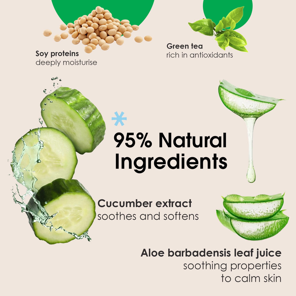 Yes To Cucumbers Daily Gentle Milk Cleanser texture demonstrating milky formula on skin.