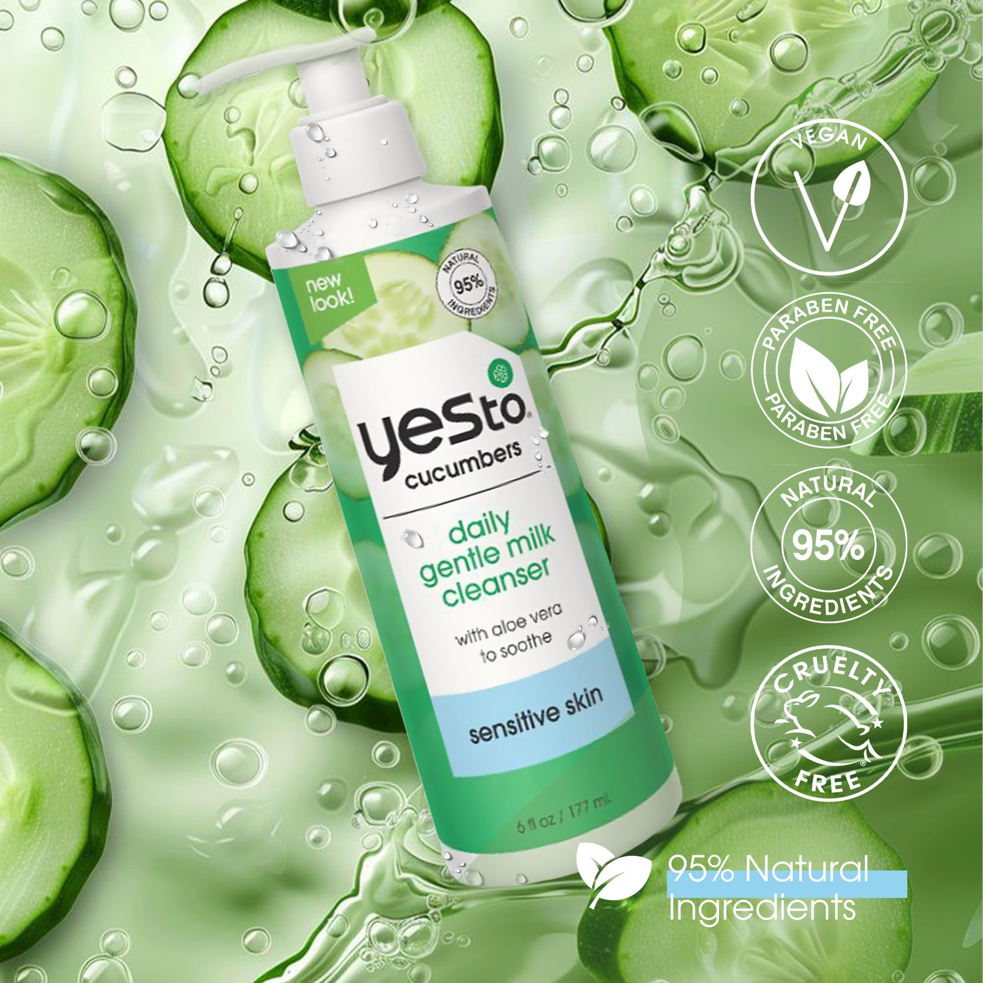 Yes To Cucumbers Daily Gentle Milk Cleanser 6 oz bottle on vanity.