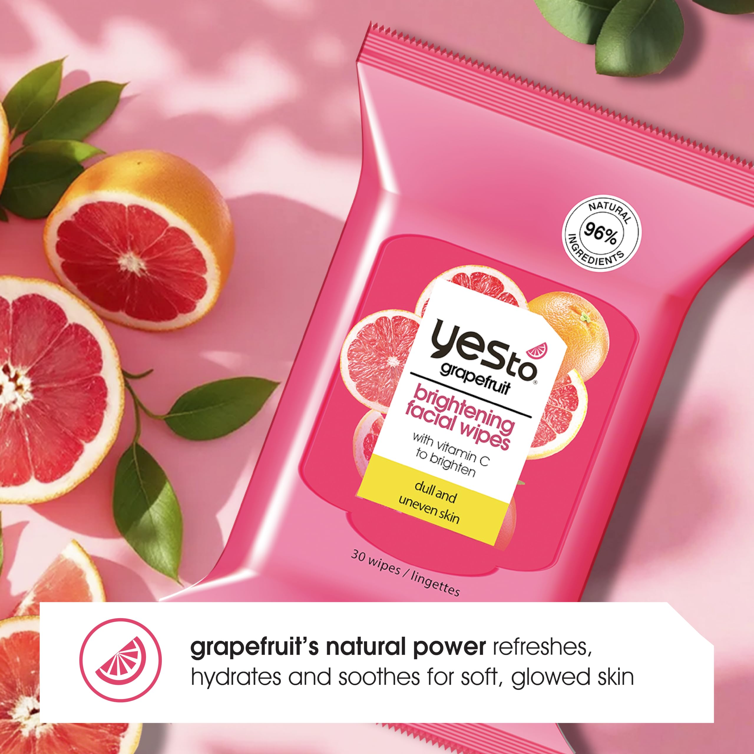 Yes To Grapefruit Brightening Wipes applied to face and neck for quick refresh
