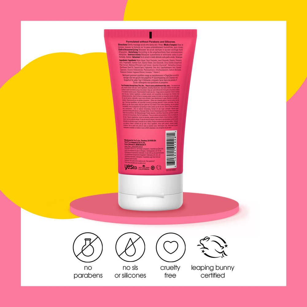 Ingredients highlight Yes To Grapefruit Daily Scrub with grapefruit and lemon balm for balanced skin.