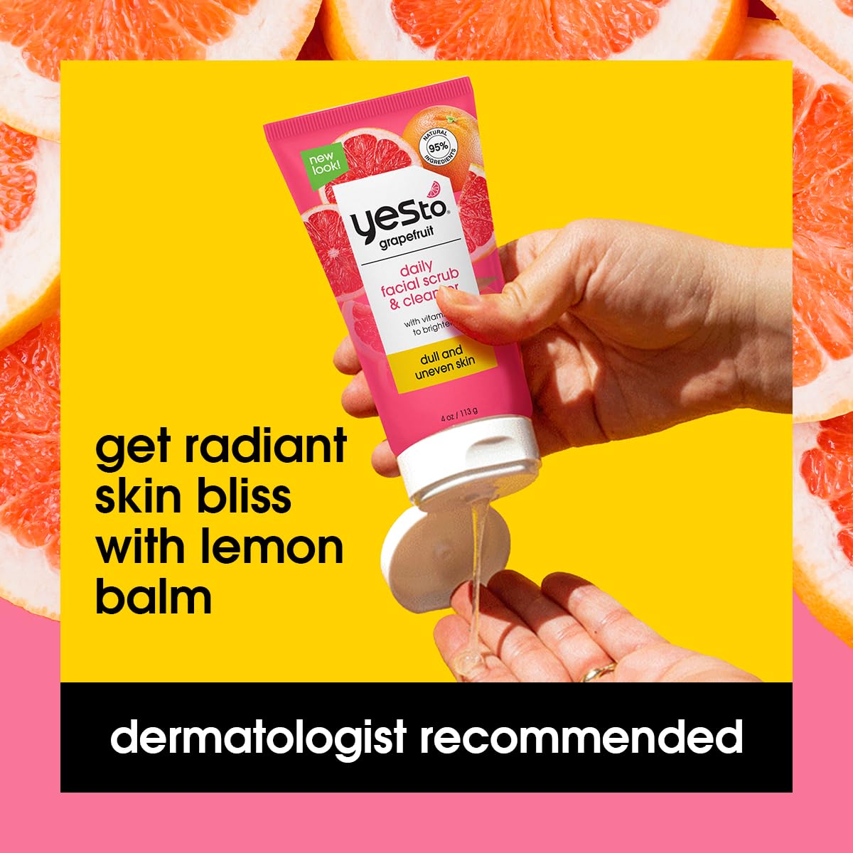 Packaging label close-up for Yes To Grapefruit Daily Scrub, emphasizing cruelty-free values.
