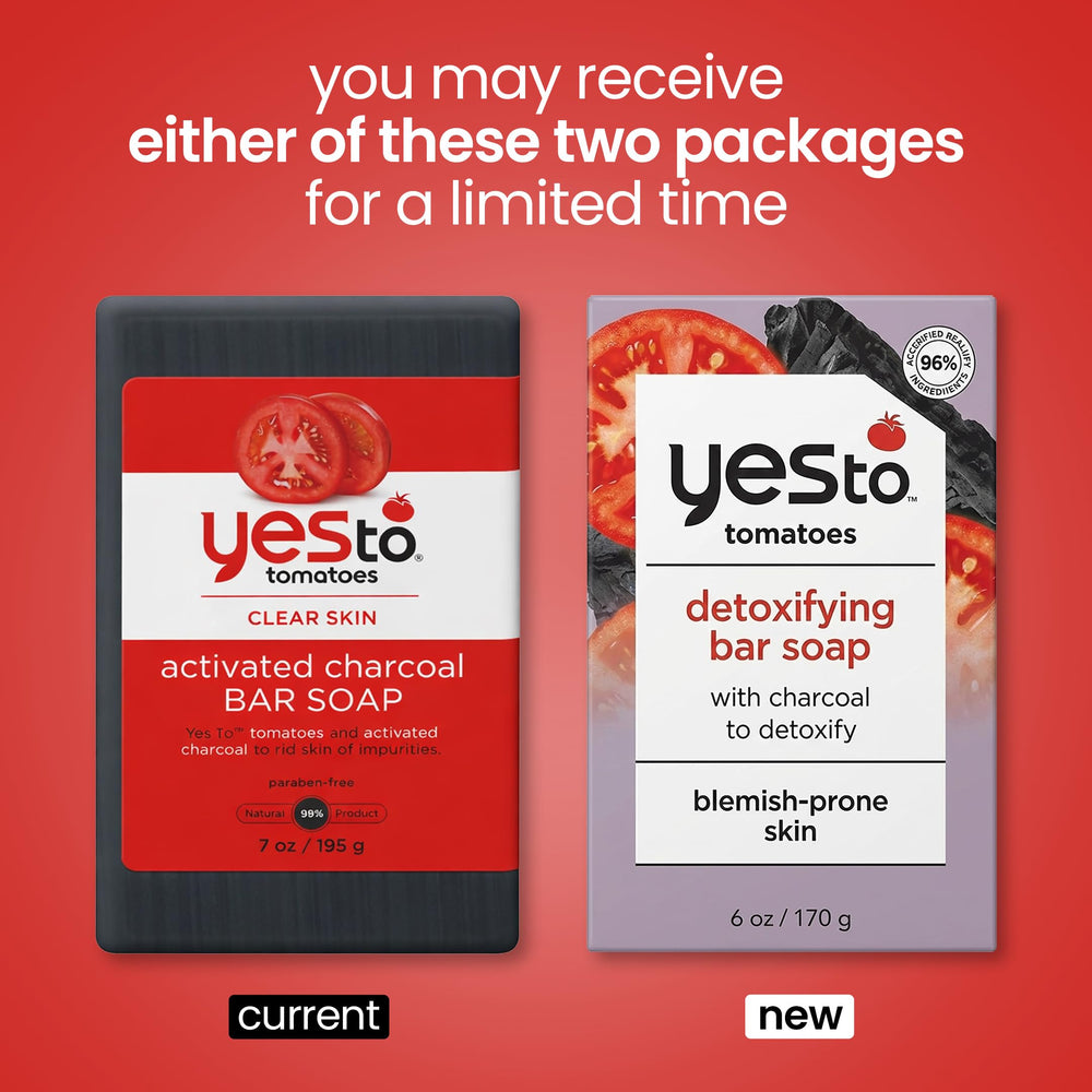 Yes To Tomatoes charcoal bar soap close-up shows charcoal texture for detoxifying care
