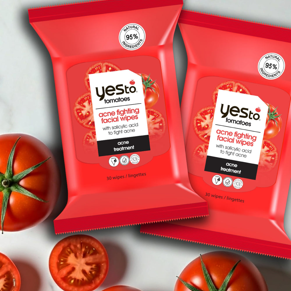 Yes To Tomatoes wipes half-used pouch illustrating convenient daily use for acne-prone skin.