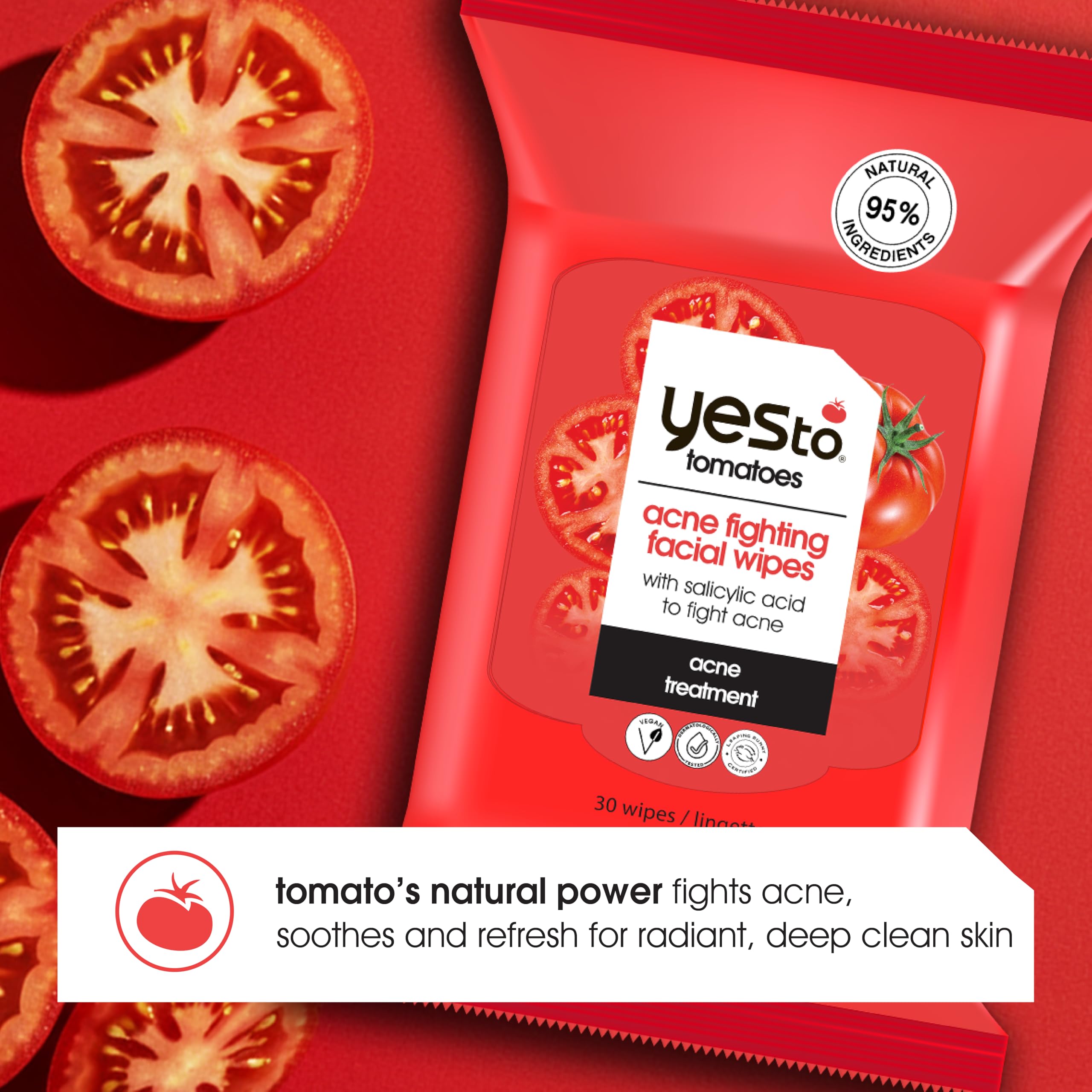 Yes To Tomatoes clear skin wipes close-up texture showing gentle cleansing action.