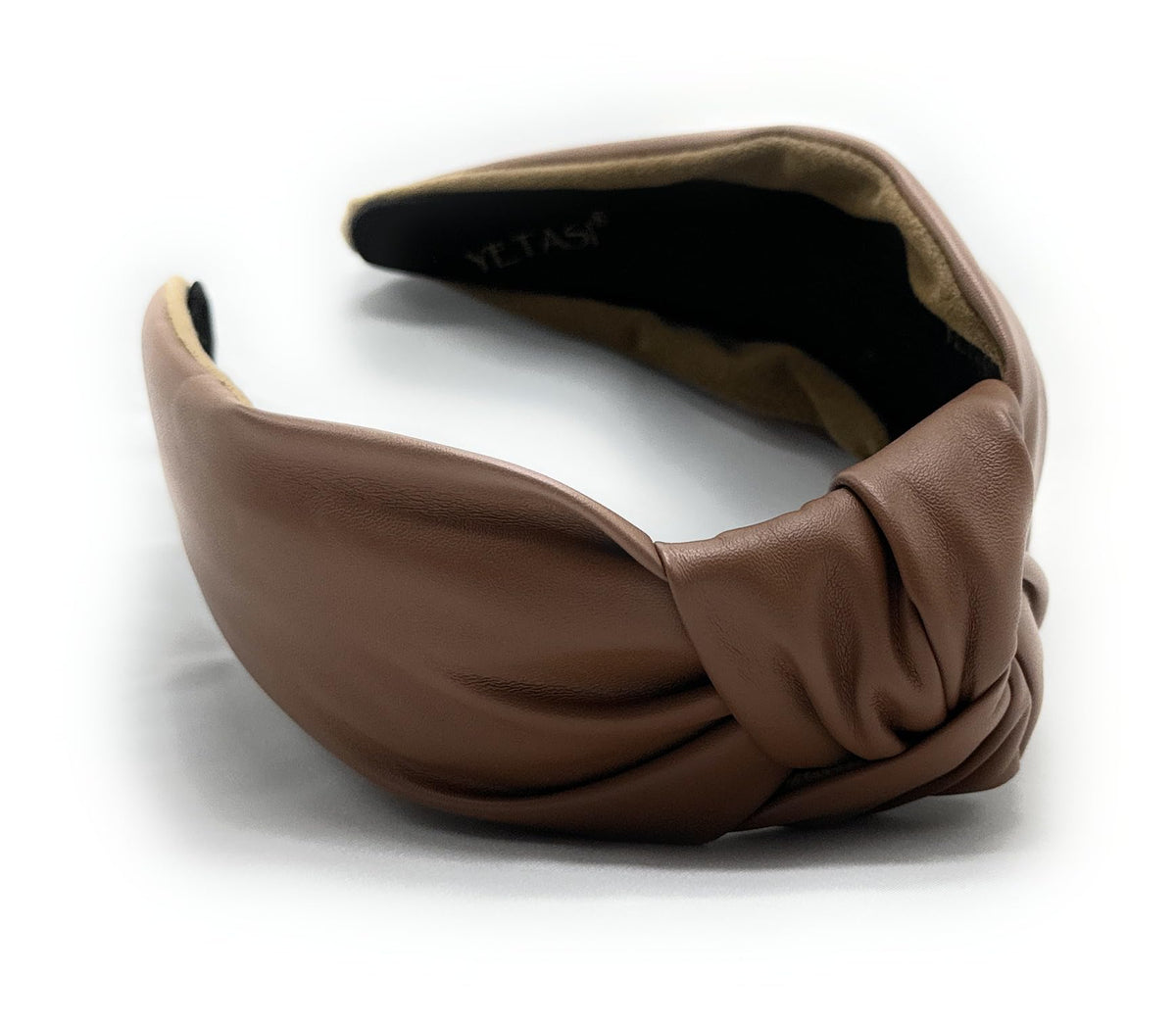 YETASI brown leather knotted headband close-up texture for durable everyday fashion.