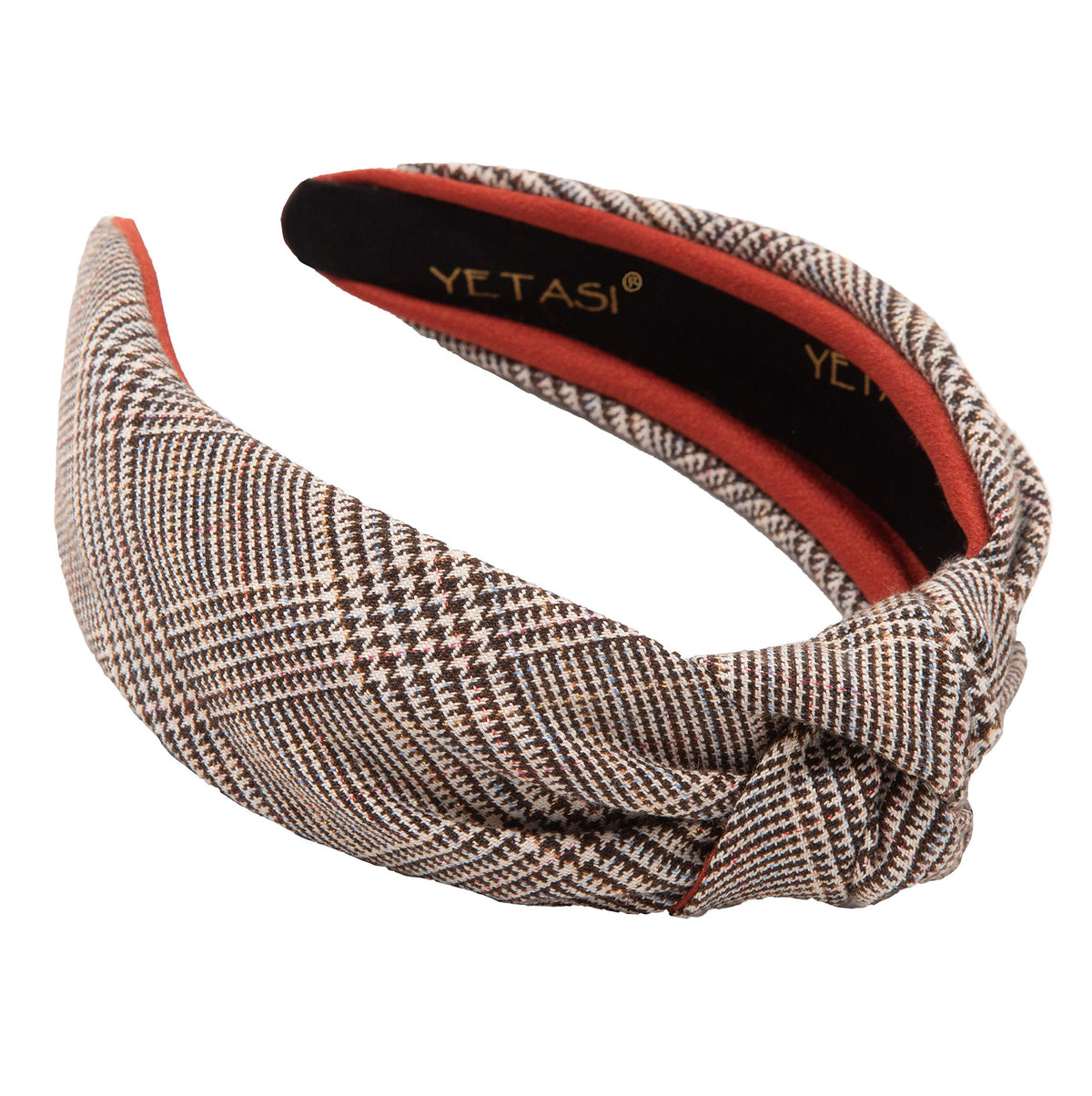 Yetasi brown plaid headband with non-slip grip for secure all-day wear.