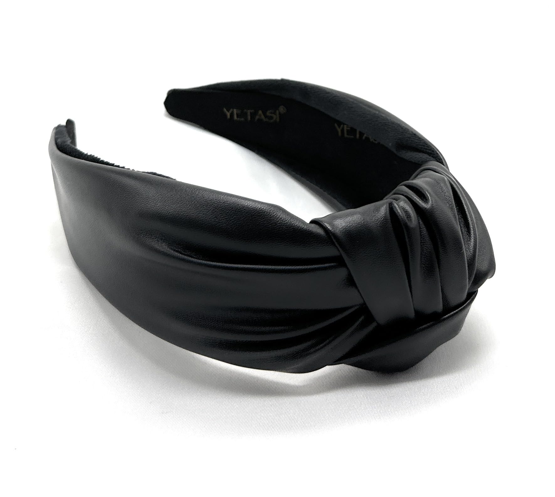 Yetasi chunky black leather headband front view adds a polished touch to casual outfits.