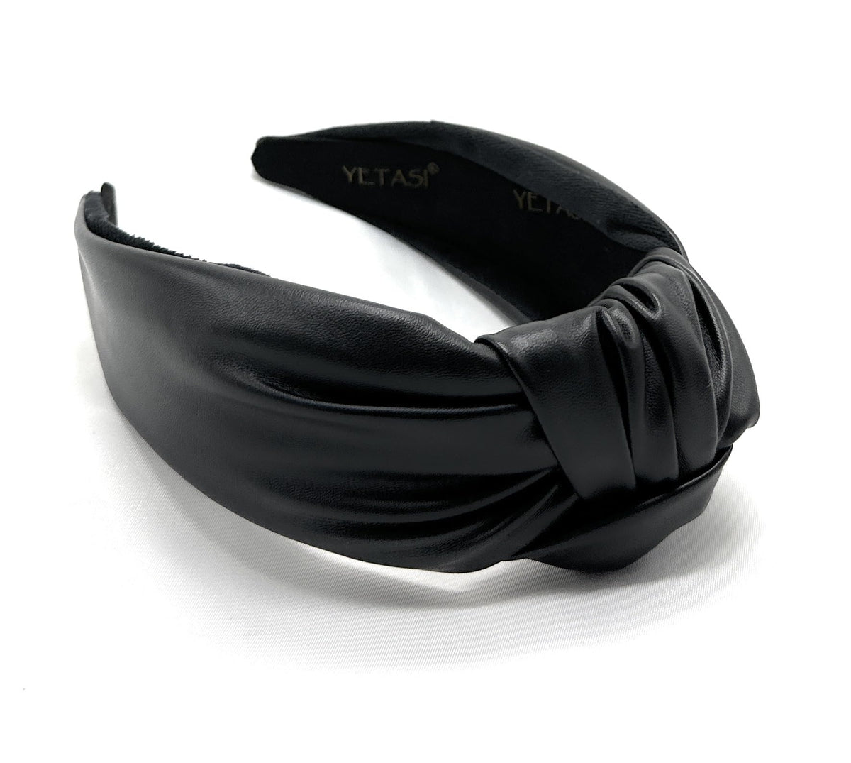 Yetasi chunky black leather headband front view adds a polished touch to casual outfits.