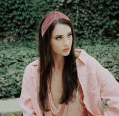 Yetasi Dusty Pink Velvet Knotted Headband non-slip band in action during wear