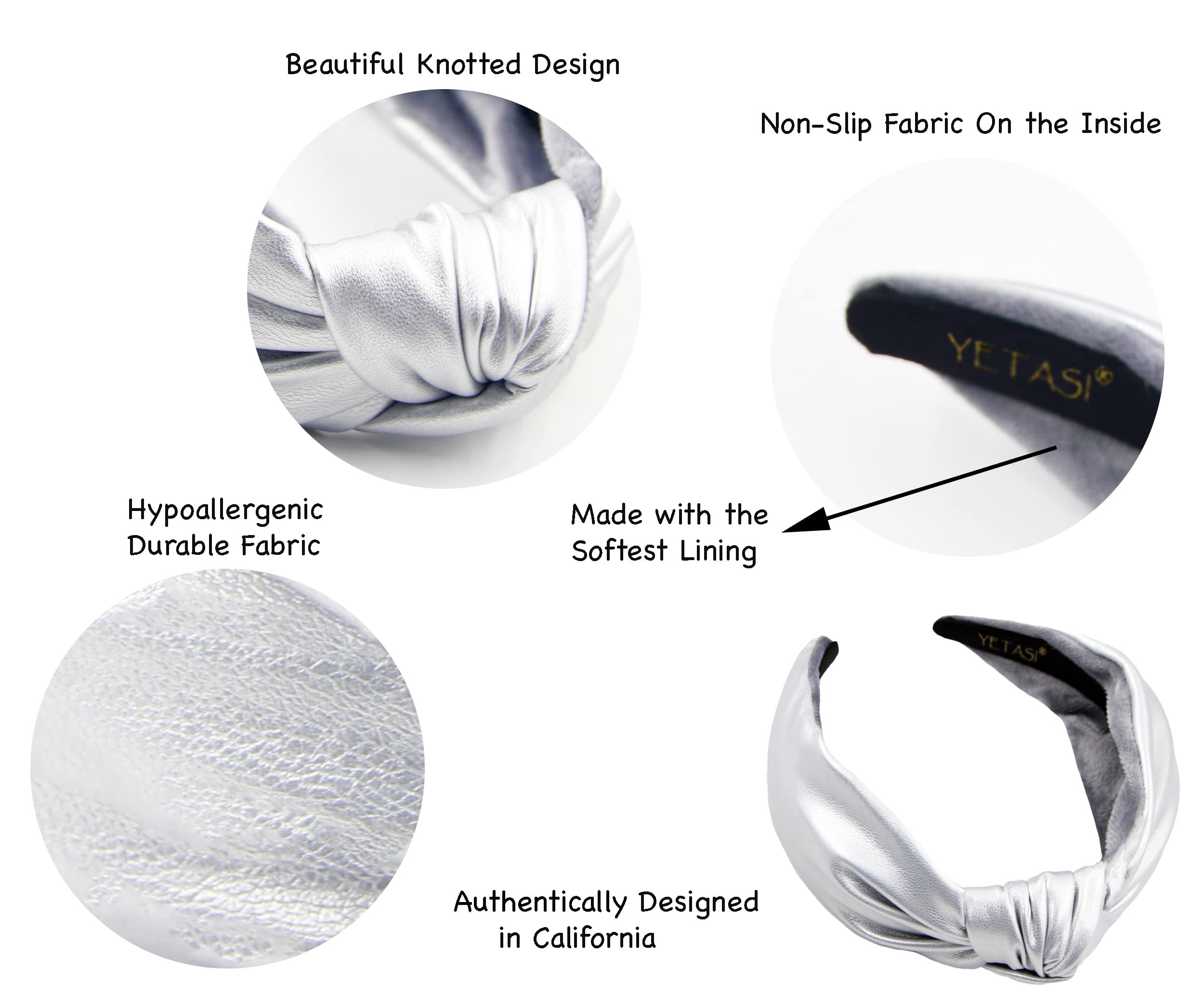 Yetasi knot headband shows dimensions for a secure, lightweight styling.