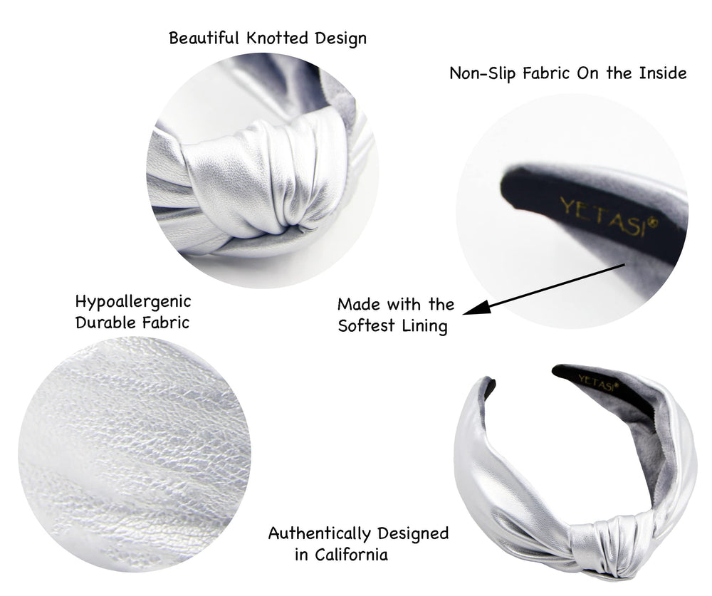 Yetasi knot headband shows dimensions for a secure, lightweight styling.