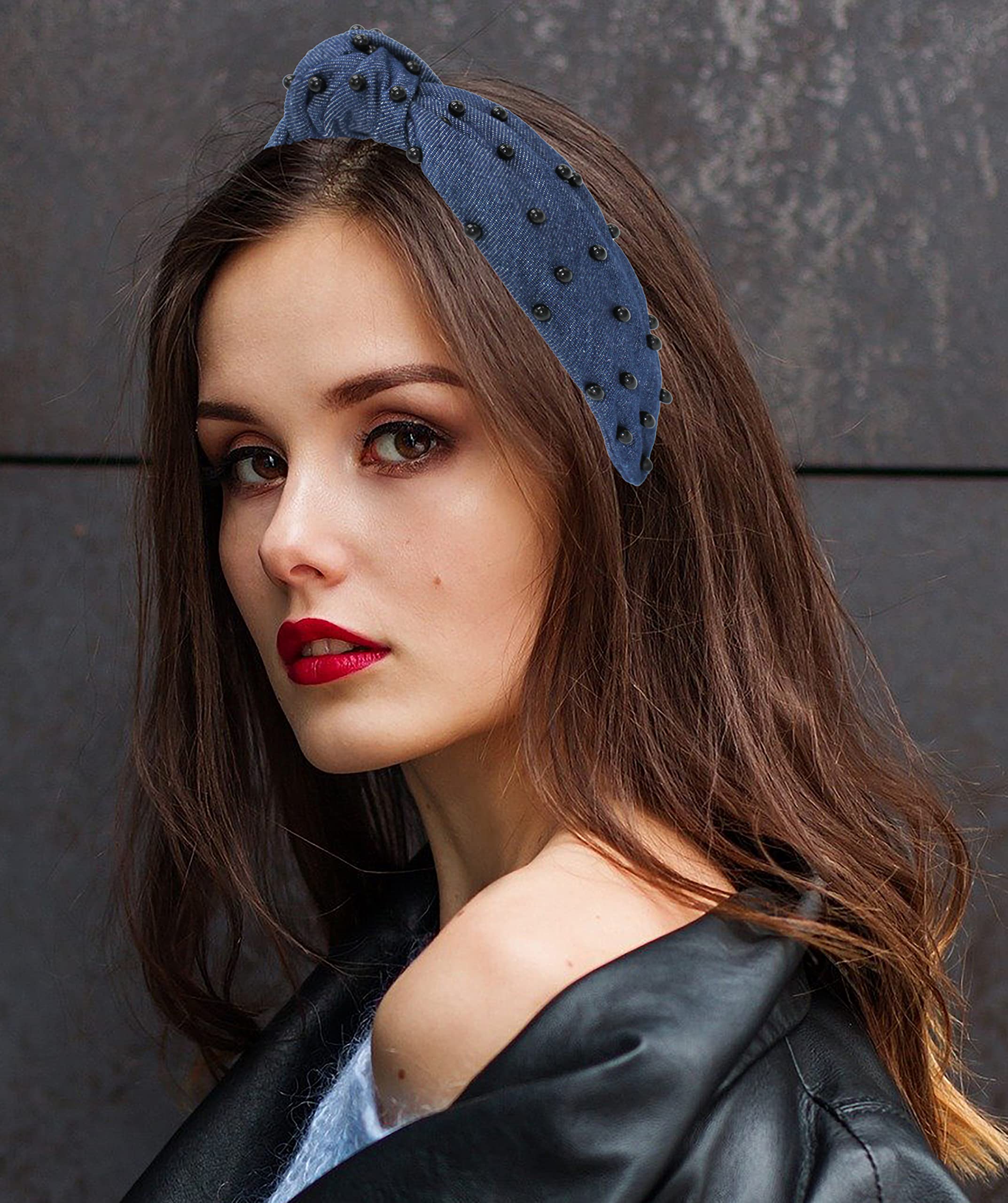YETASI pearl-embellished denim headband enhances look during video calls.