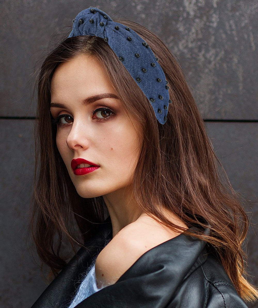 YETASI pearl-embellished denim headband enhances look during video calls.