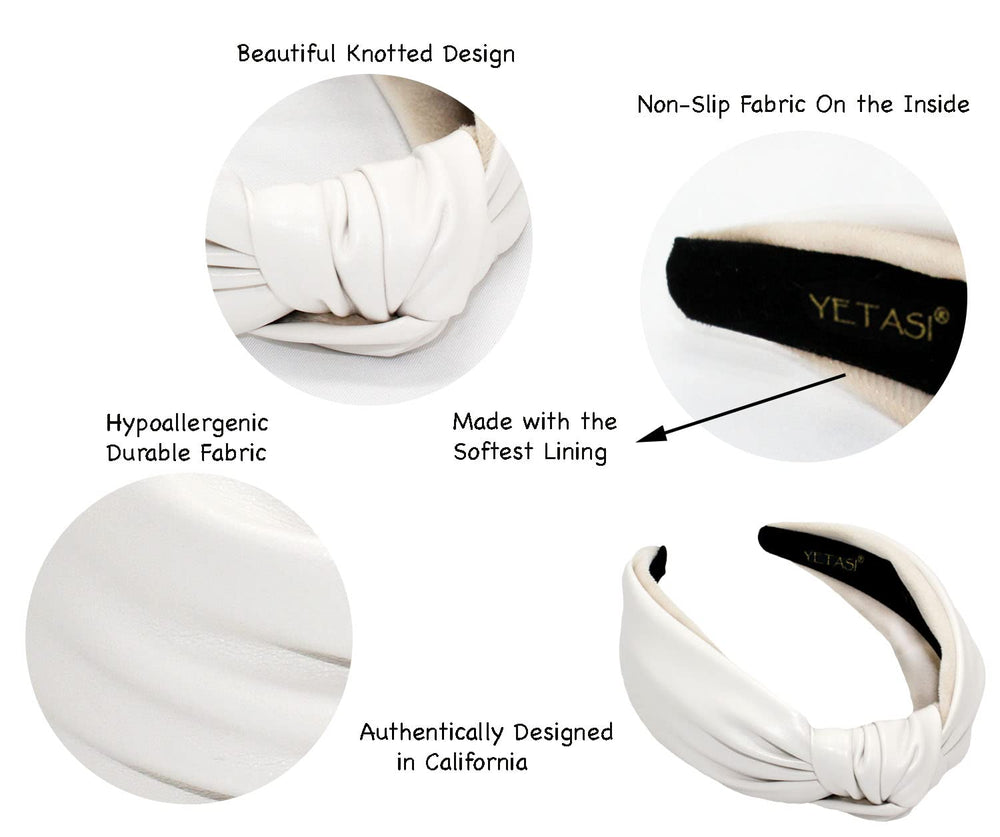YETASI white leather headband non-slip side view designed for secure all-day wear.