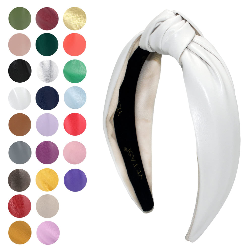 YETASI white leather knotted headband close-up detail highlighting quality faux leather.