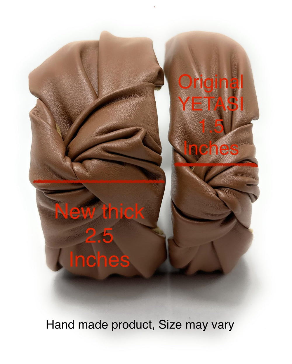 YETASI wide leather headband in camel shade, versatile for multiple outfits.