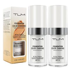 YEUGSCKA color-changing foundation bottle closeup with shade-matching formula.