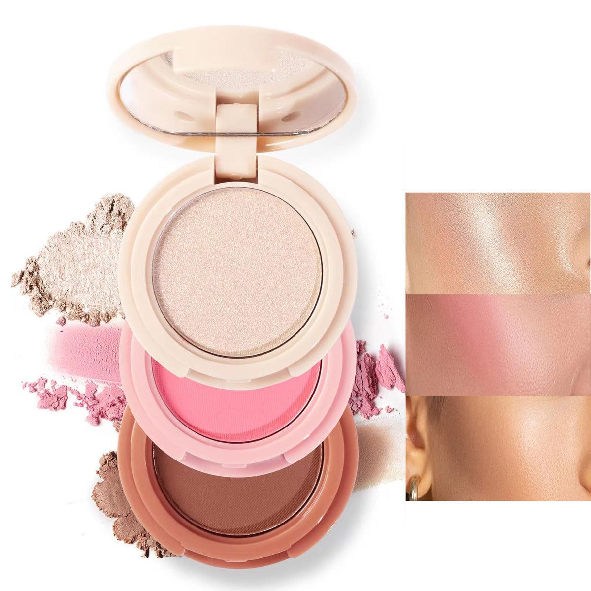 Yeweian 3-in-1 blendable trio palette close-up showing blendable shades for sculpted cheeks.