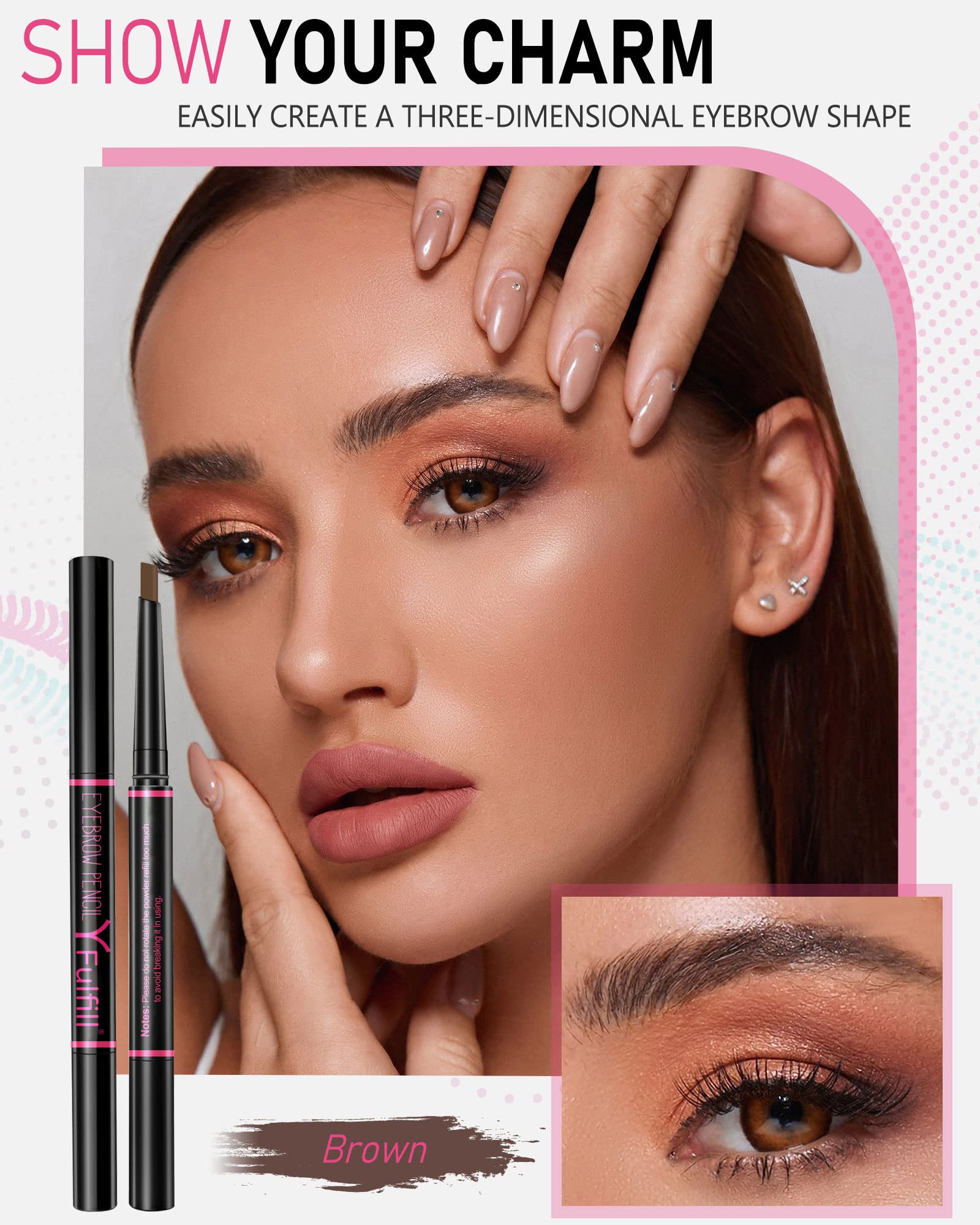 YFulfill dual-ended eyebrow pencil shows flat tip for outline and spoolie for blending.