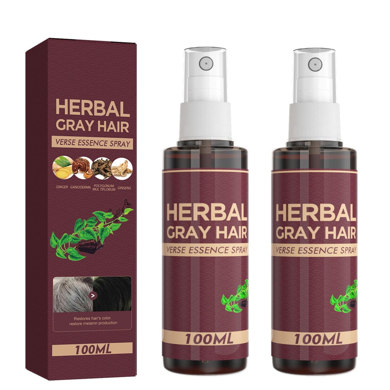 YG LianKai Gray Hair Verse Essence Spray bottle front view with herbal formula for gradual darkening