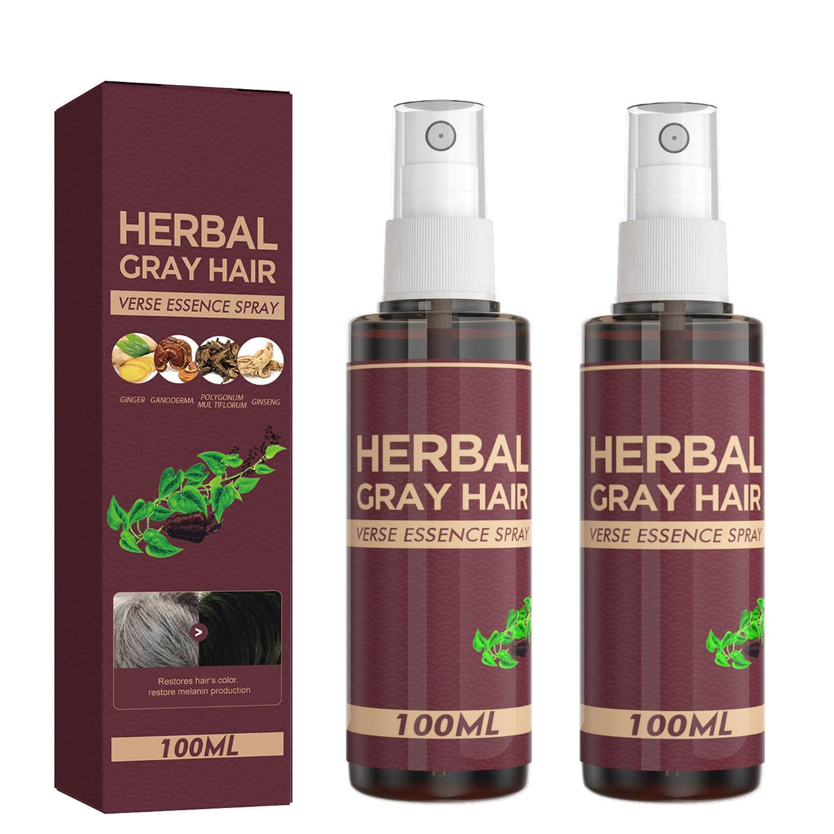 YG LianKai Gray Hair Verse Essence Spray bottle front view with herbal formula for gradual darkening