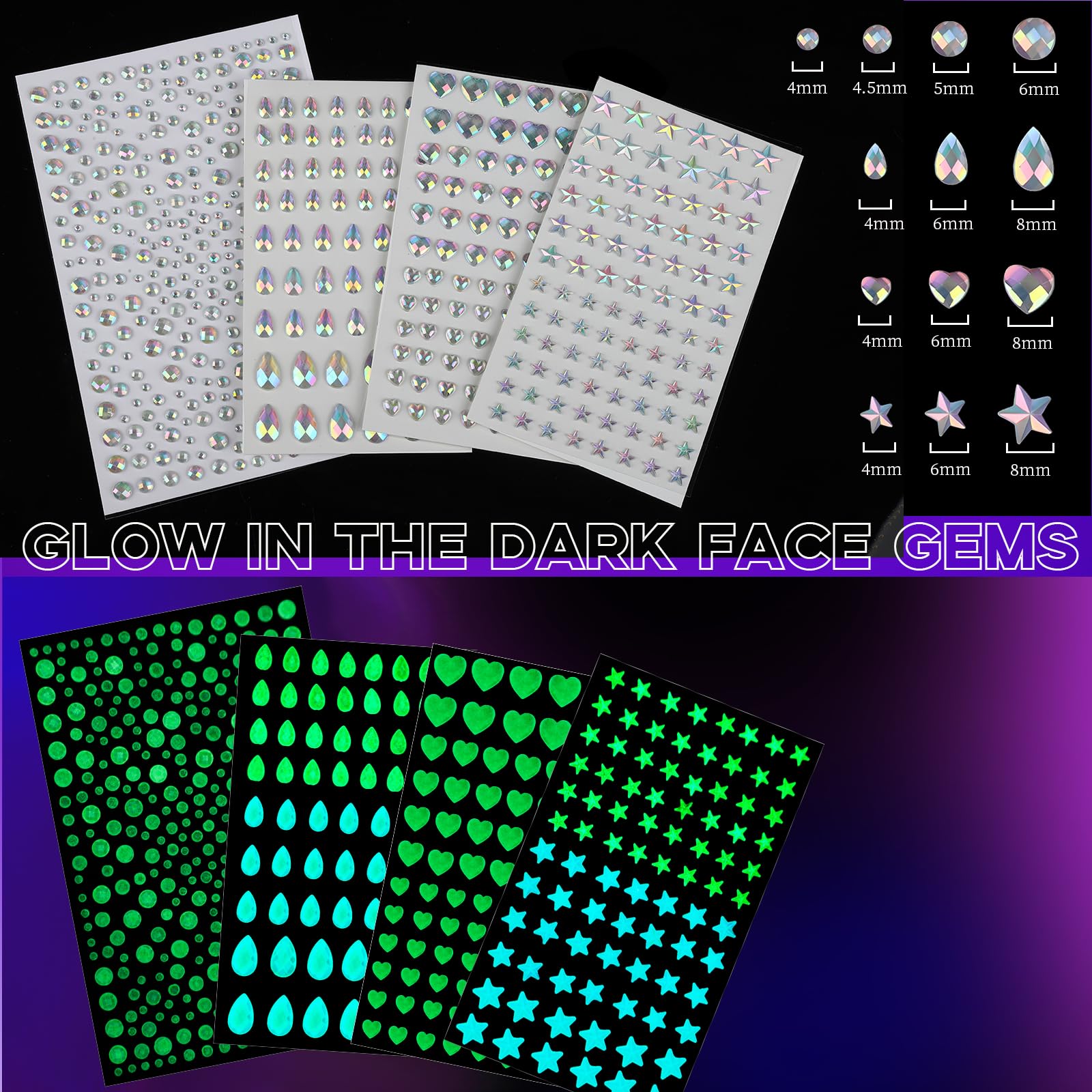 YGDZ face-gems-star-sheets sparkle under UV light for standout outfits.