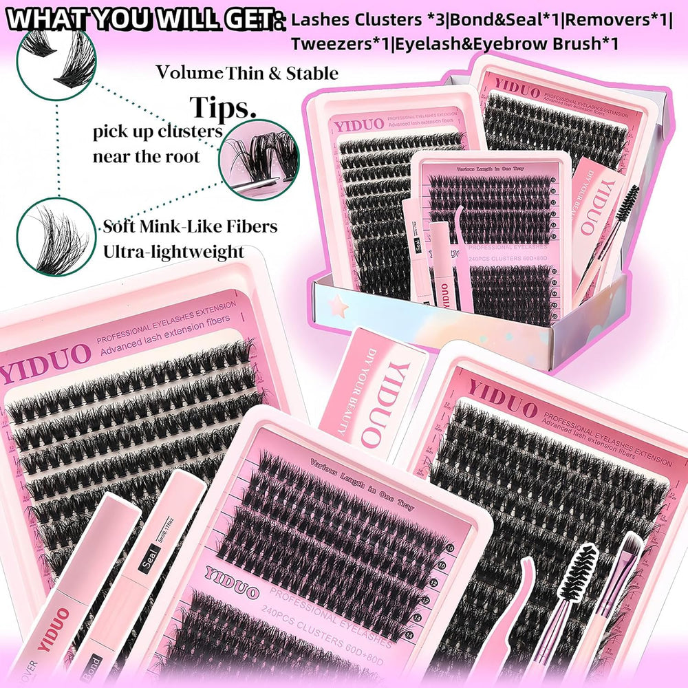 YIDUO Lash Clusters Kit three-styles display shows versatile volume options