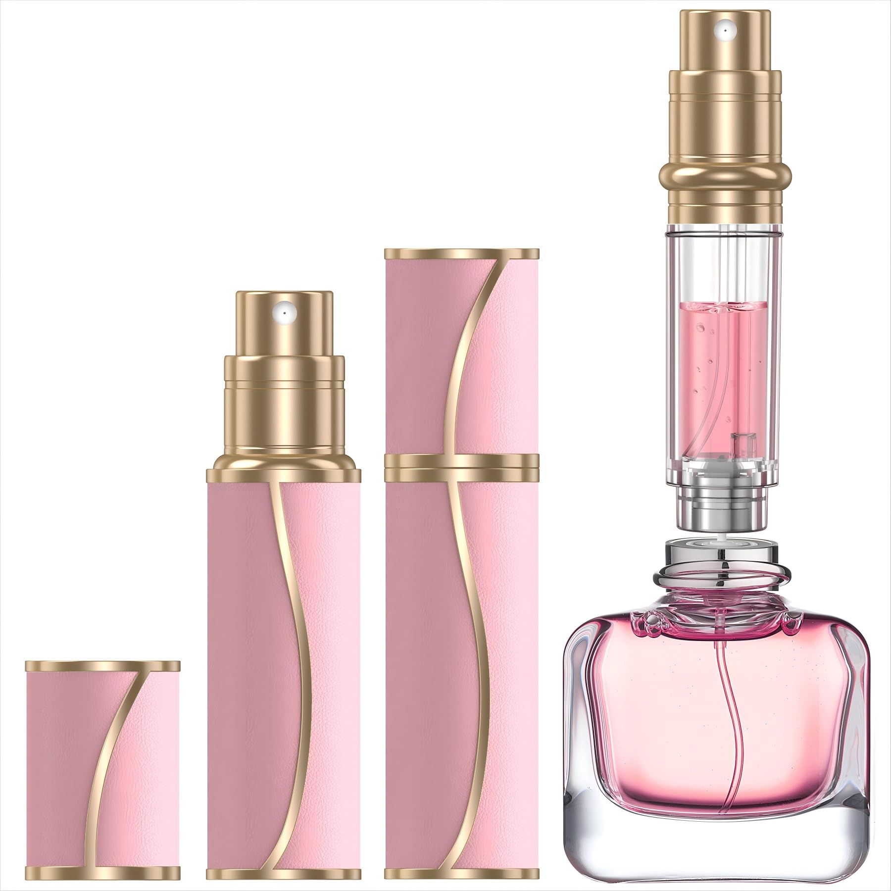 YIERSO 10ml travel perfume atomizer with pink leather shell for on-the-go fragrance.