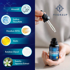 YIIORAUP Minoxidil scalp application with clear liquid drying quickly on the scalp