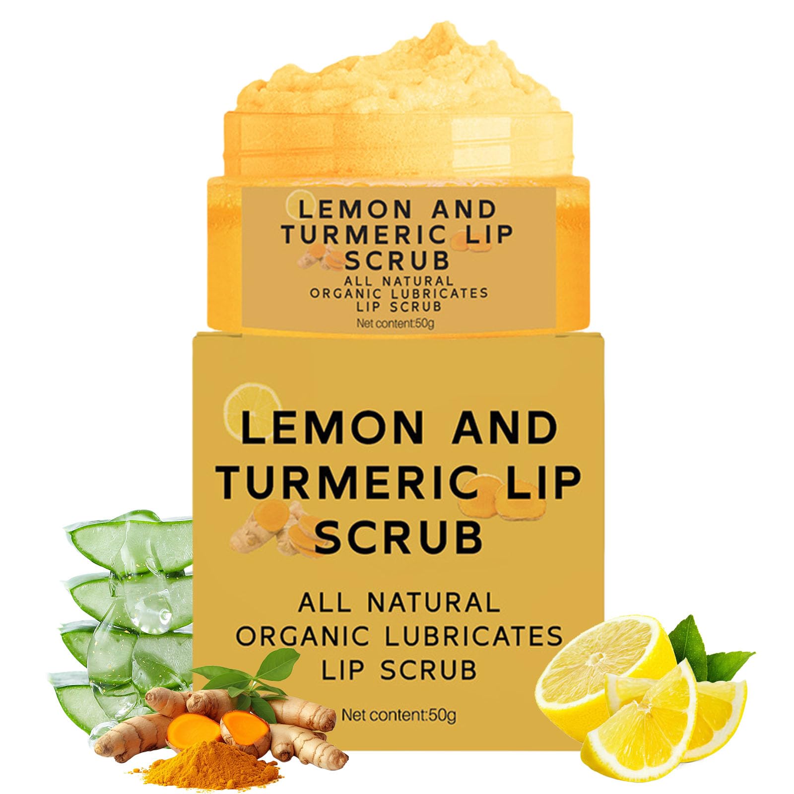 YJLYQF turmeric lemon lip scrub jar demonstrates gentle exfoliation for smoother lips.