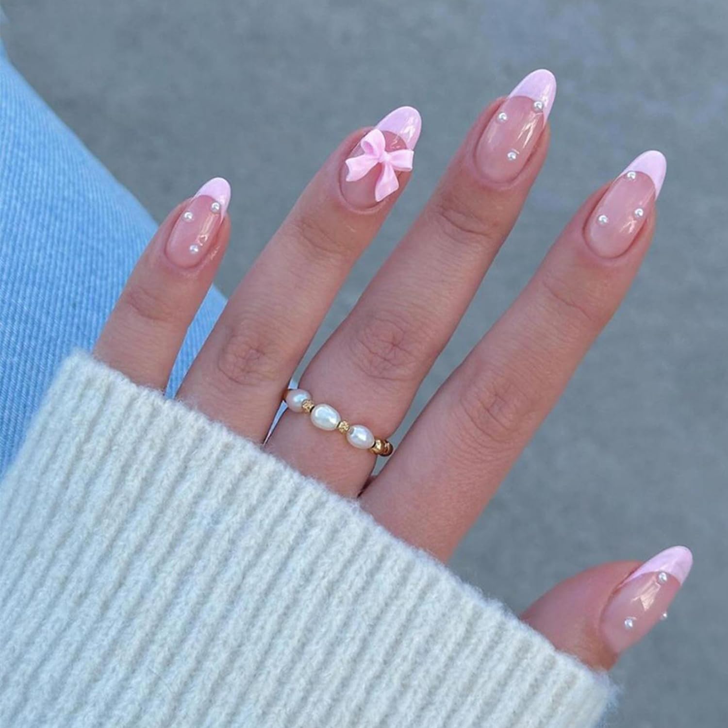 YKZFUI 24Pcs almond bow pearl design nails for an elegant manicure