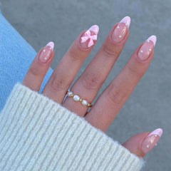 YKZFUI 24Pcs almond bow pearl design nails for an elegant manicure