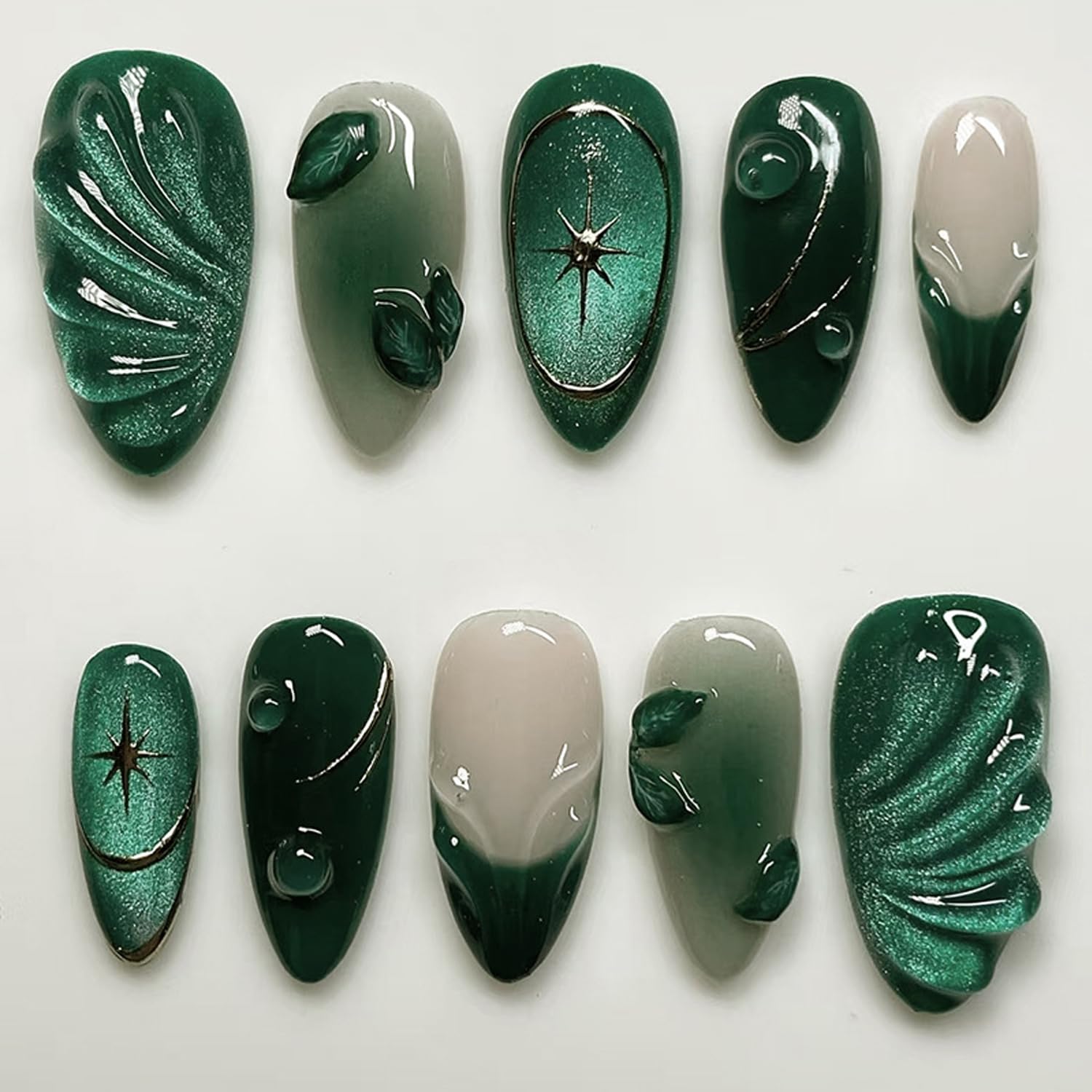 YKZFUI 24Pcs almond press-on nails with 3D green ripple for at-home manicure